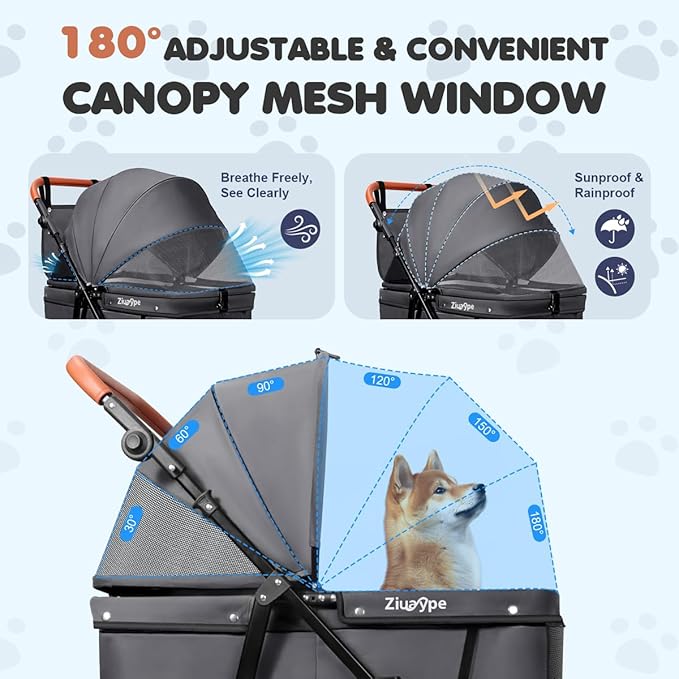 Dog Stroller for Large & Medium Dogs (20–132 lbs), Pet Stroller for 2 Small Dogs, Cat Strollers for 2 Cats, Extra Large Heavy Duty, Foldable & Fully Ventilated Design, Gray