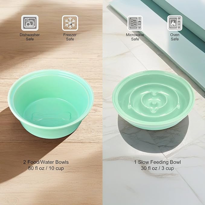 Elevated Dog Bowl Stand with 3 Large Ceramic Bowls – Raised Feeding Station for Medium & Large Dogs, Includes 2 Standard Bowls + 1 Slow Feeder, Durable Iron Frame, Non-Slip (Lucite Green) - Image 6