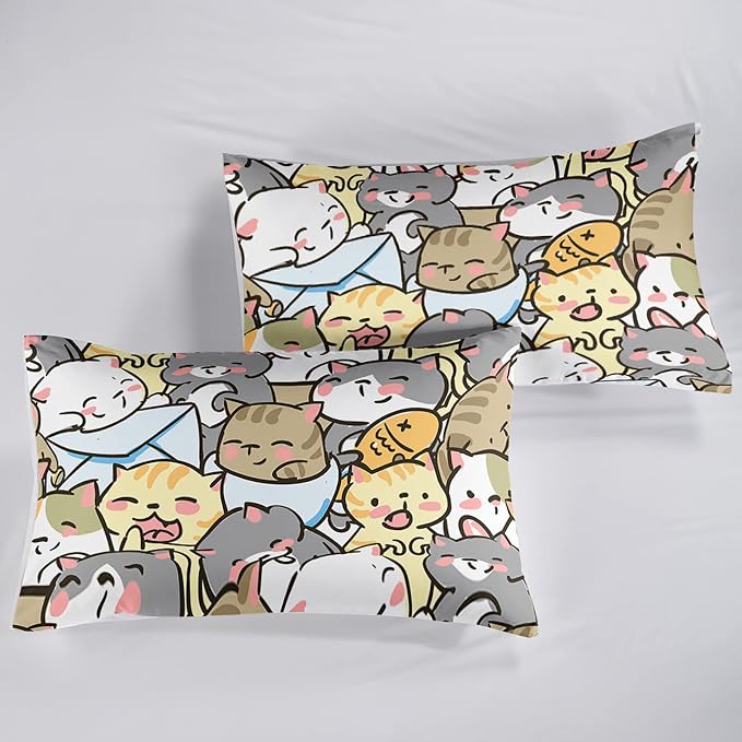 QOOMO Kawaii Cat Comforter Queen Size,Cute Cat Comforter Set for Kids Teens Girls,3Pcs Bedding Set Printed Comforter with 2 Pillowcases,Down Alternative,Soft and Lightweight，Queen Size - Image 6