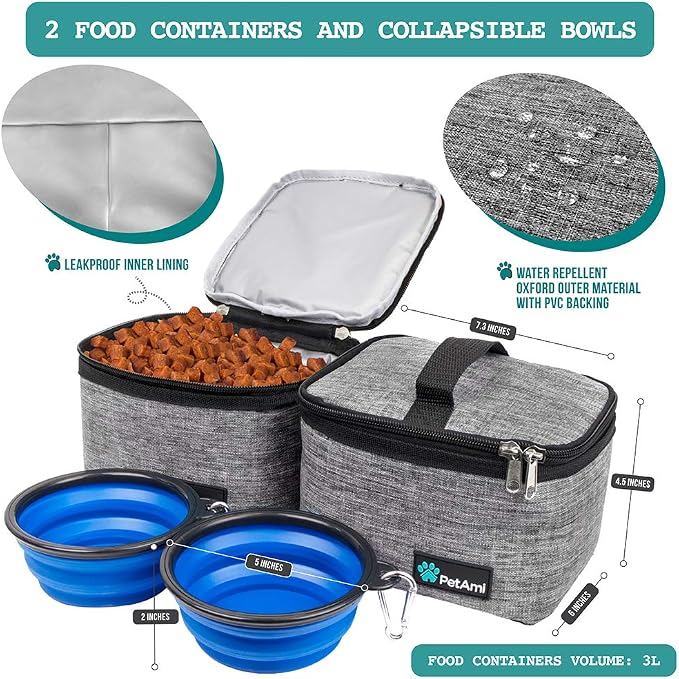 PetAmi Dog Travel Bag Organizer, Pet Travel Kit with 2 Food Containers & 2 Collapsible Dog Bowls, Pet Supplies Tote with Luggage Sleeve, Weekend Road Trip Camping Essentials, Gray, Medium - Image 3