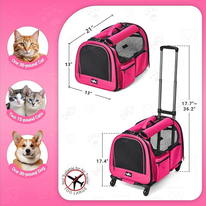 Large Pet Carrier with Wheels, Foldable Rolling Dog Carrier with Big Pocket, Cat Rolling Bag 21"x13"x13" for 2 Cats &Dogs, for Travel, Outdoor, Vet Visits, Camping, Indoor.Pink. (Not for Airline)