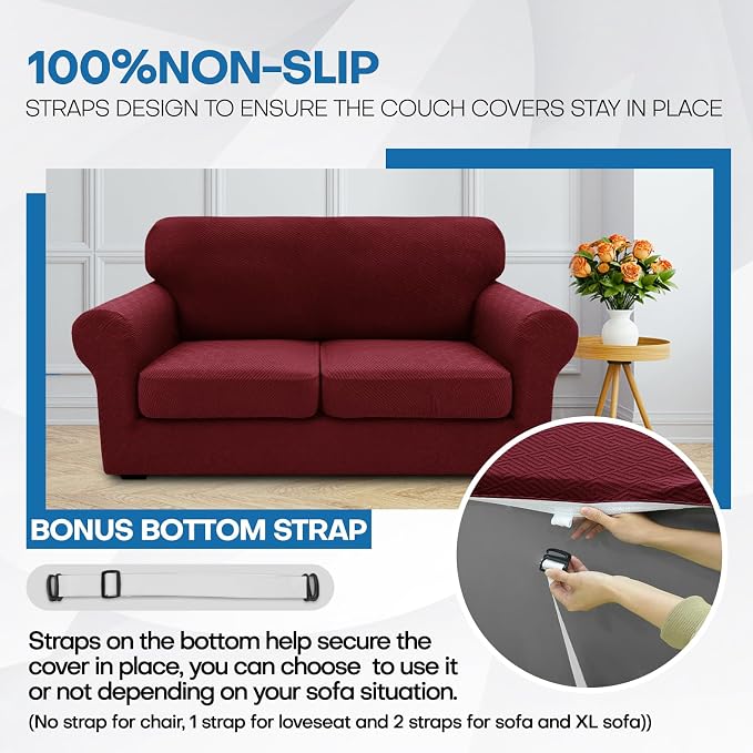 XINEAGE 2026 New 4 Pieces Couch Covers for 3 Cushion Couch Super Stretch Thick Soft Sofa Cover Anti Slip Sofa Slipcover Dogs Cats Furniture Protector (Wine Red, 71"-91") - Image 7