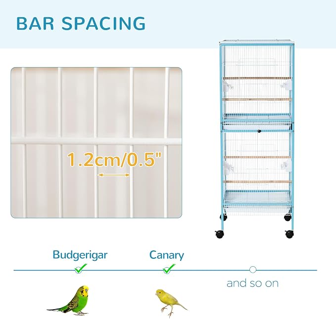 PawHut Large Bird Cage 1.7 ft. Width for Wingspan 55", Light Blue | Bird Aviary Indoor, Multi-Door Design, Fit for a Canary, Finch, Conure - Image 6