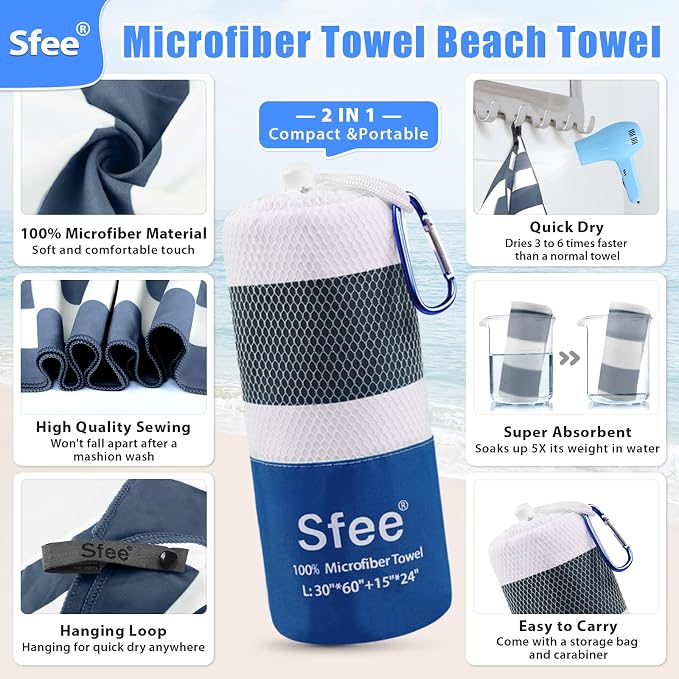 Sfee 4 Pack(8Pcs) Microfiber Travel Towel, Beach Towel Quick Dry Towel Camping Towel Super Absorbent Compact Lightweight Sports Gym Towels for Beach, Gym, Hiking, Pool, Backpacking, Bath, Yoga - Image 3