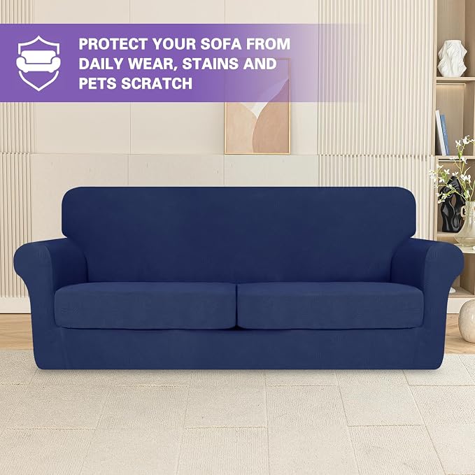 ZNSAYOTX 3 Piece Stretch Sofa Covers (71"-91") for 2 XL Cushion Couch, Thick Striped Sofa Cover with Elastic Band Bottom Ties Non-Slip Stay in Place, Soft Durable Couch Slipcovers, Navy Blue - Image 2