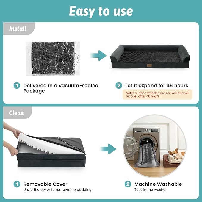 COZY KISS Dog Beds for Extra Large Dog, XXL Bolster Pet Couch with Waterproof Lining, Egg Crate Foam Sofa for Pets Up to 150 lbs, U-Shaped, 48x35x8 inch, Black - Image 7