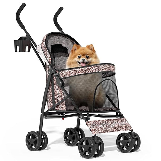 MoNiBloom 4 Wheels Pet Stroller, Easy-Fold Umbrella Shaped Dog Cat Jogger Stroller w/Storage Bag & Visible Mesh for Small/Medium Dogs Cats Leopard Print