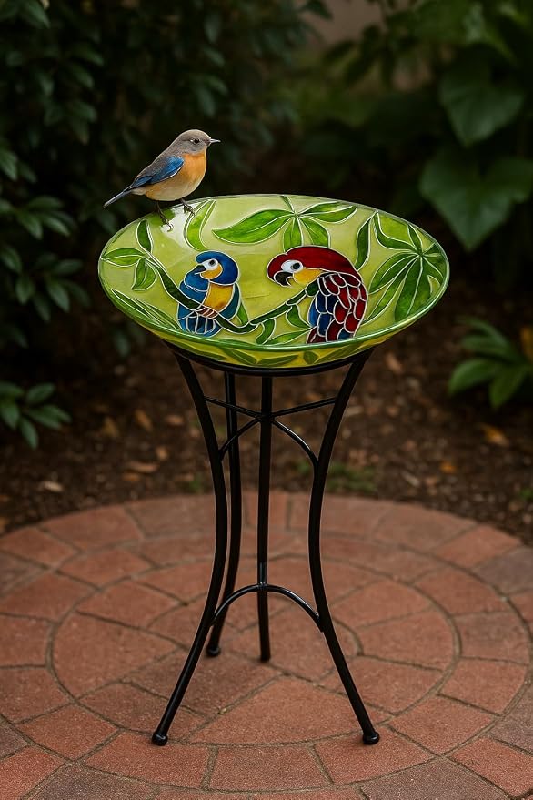 Alpine Corporation 18" Round Outdoor Birdbath Bowl Topper with Colorful Painted Parrot Design - Image 10