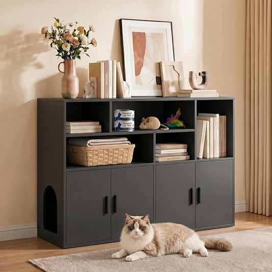 Amunrbrek Double Litter Box Enclosure, Hidden Cabinet with Storage, Black | Pass-Through Design Makes Cats Feel Safe by Amunrbrek