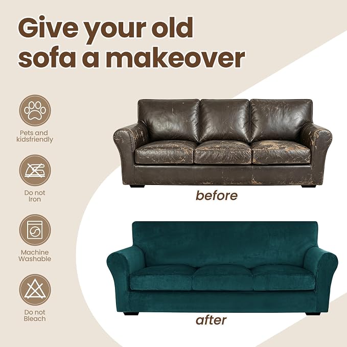 XINEAGE 3-Piece Velvet Sofa Cover,Couch Covers for Dog,Dark Green | 2 Cushion Sofa,Stretch Non-slip Elastic, Pet-friendly, Washable, Fast Setup, Soft Plush Fabric, Furniture Protector. - Image 8
