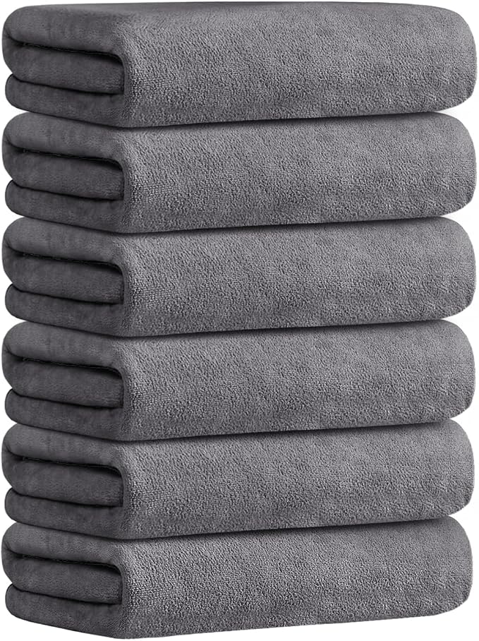 JML Microfiber Bath Towels with Hanging Hook, 6 Pack, 30" x 60", Grey | Lint-free, Soft, Absorbent, Quick Drying Bathroom Towel for Swim, Gym, Spa, Fitness, Sports, Yoga by JML