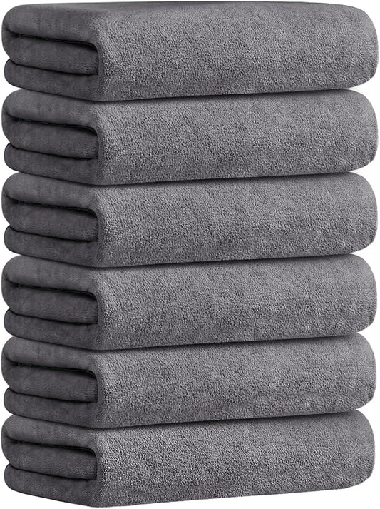 JML Microfiber Bath Towels with Hanging Hook, 6 Pack, 30" x 60", Grey | Lint-free, Soft, Absorbent, Quick Drying Bathroom Towel for Swim, Gym, Spa, Fitness, Sports, Yoga by JML