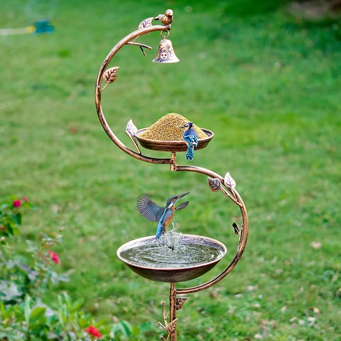HOUYANG 44" H Cast Iron Bird Baths for Outdoors with Metal Bird Feeder,Vintage Metal Bird Bath Bowl Garden Lawn Yard Decorations by HOUYANG