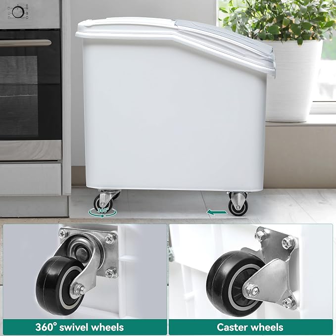 YITAHOME 27 Gallon Ingredient Bin, Commercial Food Container with 625 Cups, Large Flour Storage Container Bin with 360° Wheels, Scoop and Lid for Kitchen, White - Image 6