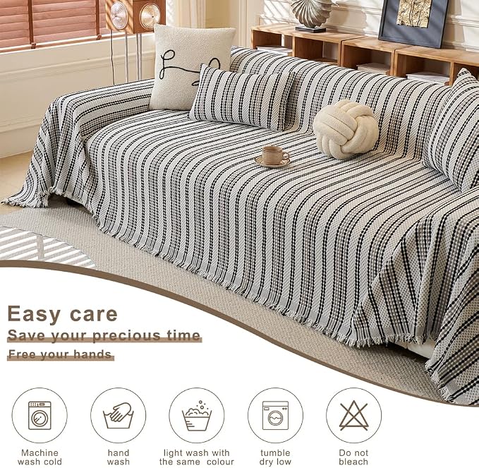 ROOMLIFE Thicked Striped Boho Black &Gray Couch Cover for 2-3 Cushion Sofa, Chenille Sofa Slipcovers Sectional Sofas Covers for Dog, Non Slip Washable Furniture Protector Soft with Tassel 71''X150'' - Image 4