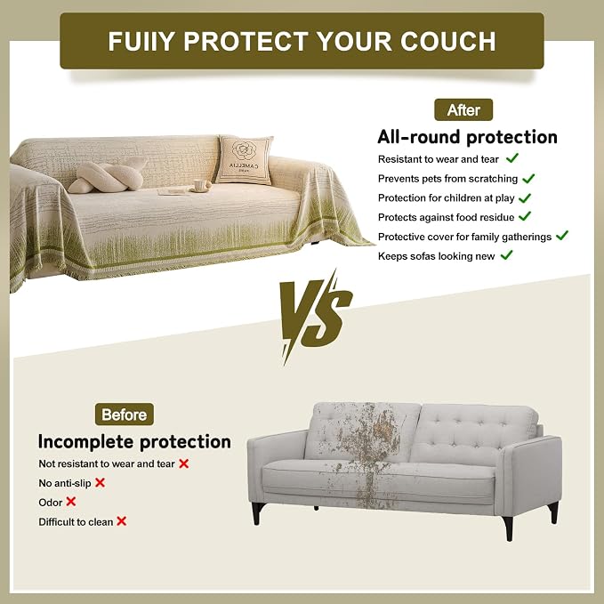 ROOMLIFE Green Boho Couch Cover for 3 Cushion Couch, Soft Chenille Couch Cover Blanket Washable, Furniture Sofa Dog Cover Protector, Non-Slip Sofa Slipcover for Living Room with Tassels 71'' X134'' - Image 2