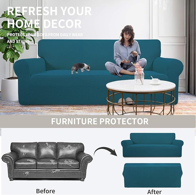 Easy-Going Stretch Oversized Loveseat Couch Covers Washable Peacock Blue | 1-Piece Large Loveseat Cover for 2 Cushion Couch Furniture Protector RV Sofa Slipcover Soft with Bottom for Kids Pets - Image 4