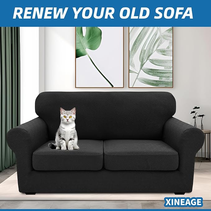 XINEAGE 2026 New 3 Pieces Couch Covers for 2 Cushion Sofa Super Stretch Loveseat Slipcover Pet Dog Universal Slip Cover Anti Slip Love Seat Furniture Protector (Black, 55"-69") - Image 4