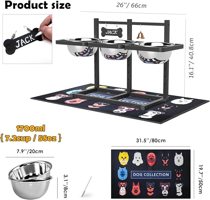 SHAINFUN Elevated Dog Bowls Stand for Medium/Large Dogs with Mat, 6 Height Adjustable Raised Dog Bowl, Three 58oz Food Water Bowls - Image 3