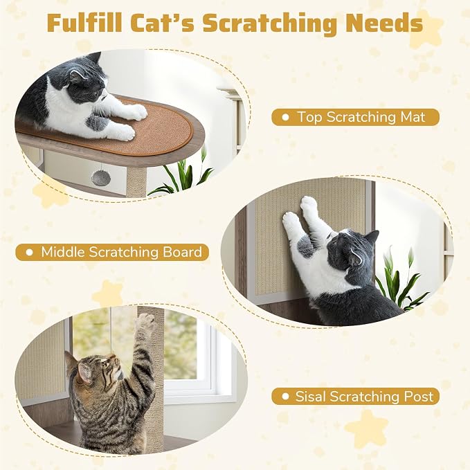 Tangkula Cat Tree with Litter Box Enclosure, Hidden Litter Box Cat Tower with Sisal Scratching Post & Mat, Dangling Ball, Vented Holes, Farmhouse Cat House Washroom (Oak Gray) - Image 6