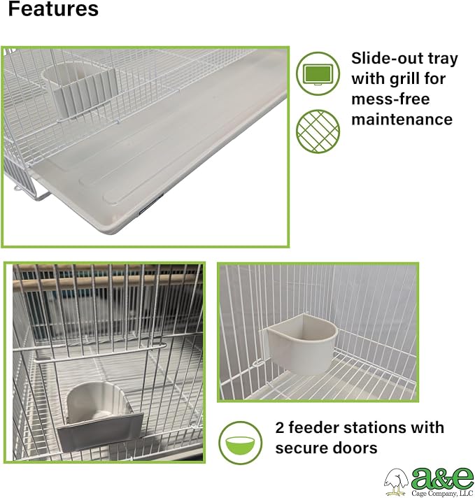 A&E Cage Co 504 Flight Bird Cage for Finches & Parakeets, 30"x18"x18" White | 2 Slide-Up Feeder Doors, Wood Perch, Slide-Out Cleaning Tray, Carry Handle, Safe Bar Spacing for Small Birds - Image 3