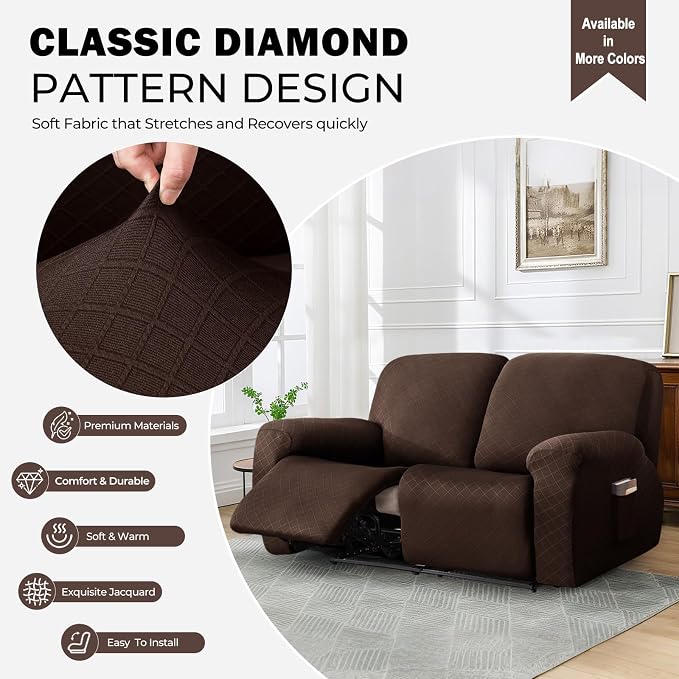 vctops Diamond Recliner Loveseat Slipcover 6-Pieces Stretch Dual Recliner Sofa Covers for 2 Seat Dual Reclining Loveseat Couch Soft Solid Furniture Protector (Dark Coffee,2 Seat) - Image 3