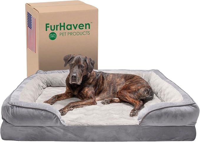 Furhaven Orthopedic Dog Bed for Large Dogs w/ Removable Bolsters & Washable Cover, For Dogs Up to 125 lbs - Plush & Velvet Waves Perfect Comfort Sofa - Granite Gray, Jumbo Plus/XXL by FurHaven