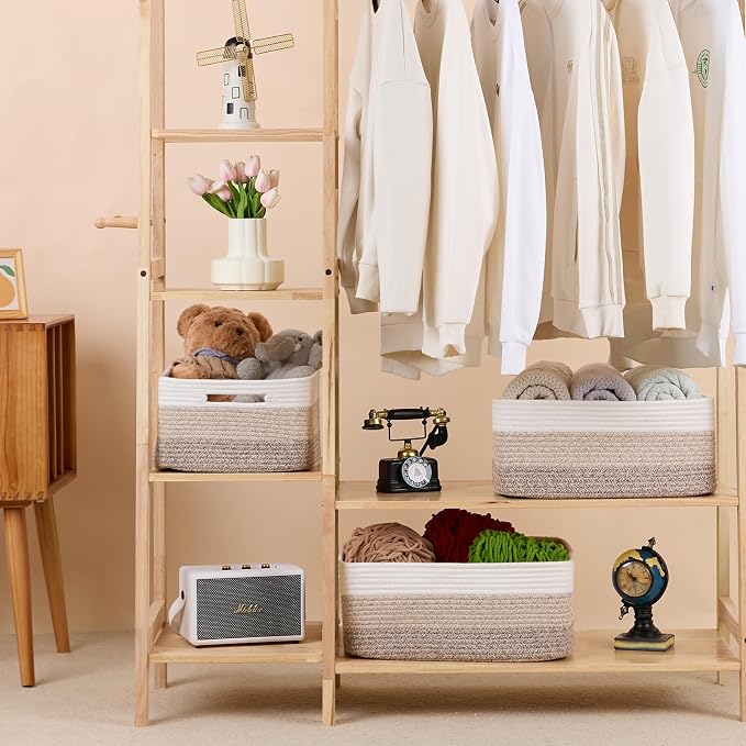MiniArk Large Storage Baskets for Organizing, 17 x 13 x 7.5” Closet Shelf Baskets for Clothes Blanket Towels, Baby Nursery, Toy Bins Box, Woven Rope Baskets, 4 Packs Gradient Brown - Image 3