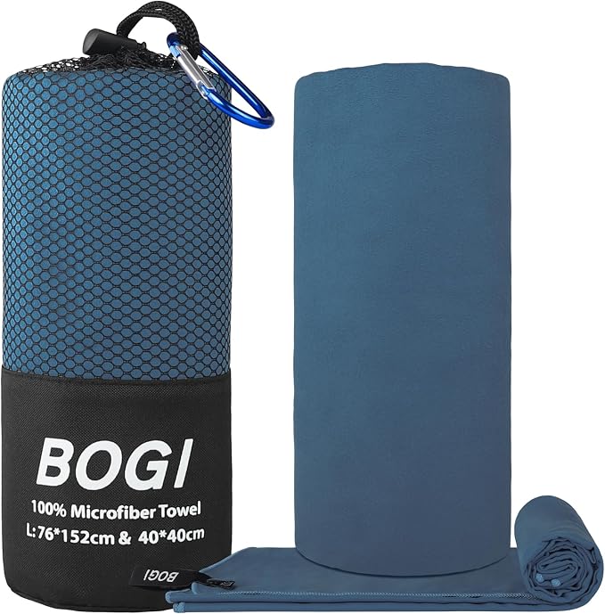 BOGI Microfiber Travel Sports Towel-Quick Dry, Soft Lightweight, Absorbent, Compact for Camping, Gym, Yoga, Swimming, Backpacking (L:60''x30''+16''x16''-Nblue) - Image 2