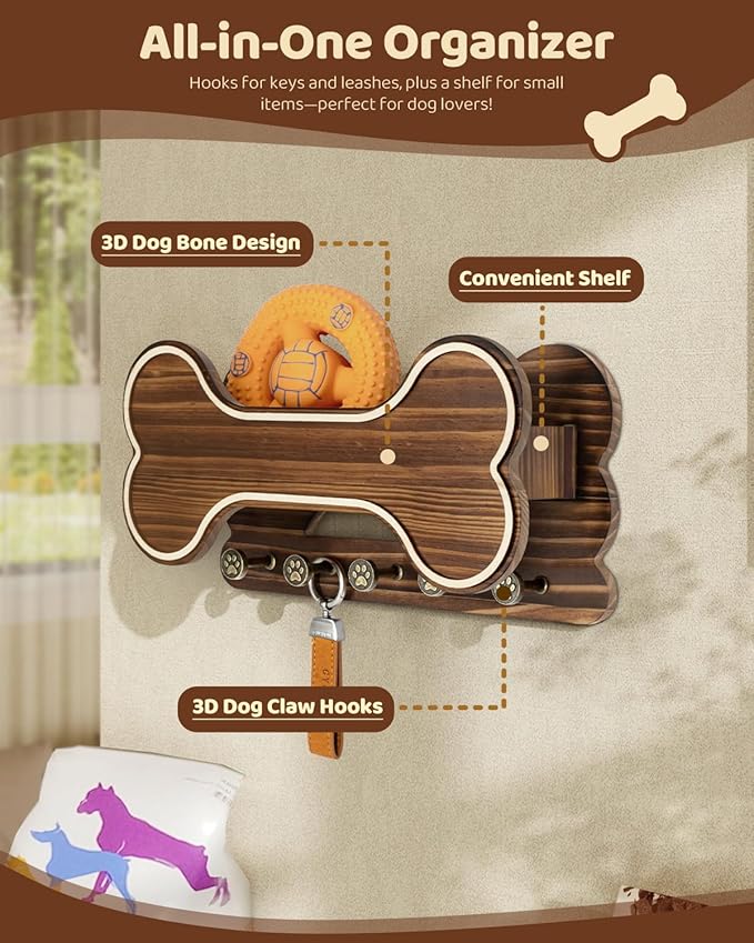 MTERSN Farmhouse Dog Leash Holder for Wall - Dog Stuff Organizer and Doggie Bone Key Holder Wall Mount with 5 Decorative 3D Puppy Paw Hooks & Storage Shelf - Ideal Home Decor (Brown) - Image 4