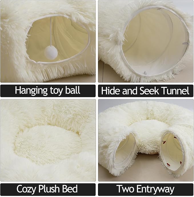 White Fluffy Warm Plush Cat Round Tunnel Tube, Soft Collapsible Multi-Combinations Cat Donuts Bed for Kitty Kitten Puppy Rabbit Ferret (White) - Image 7