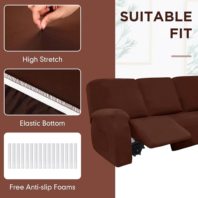 Peryiter 7 Pcs L Shape Sectional Recliner Sofa Covers 5 Seat Sectional Couch Covers Milk Silk Velvet Stretch Reclining Sofa Slipcover Furniture Protector for Living Room(Coffee Brown,Milk Silk) - Image 6