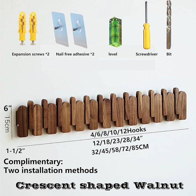 Wall Mounted Coat RackHooks Piano Key Hangers Natural Solid Wood Hanger Non-Woven Fabric Clothes Hangers for Closet, Kitchen, Bedroom, Bathroom, Entryway (Moon Walnut-Beech, 4 Hooks) - Image 6