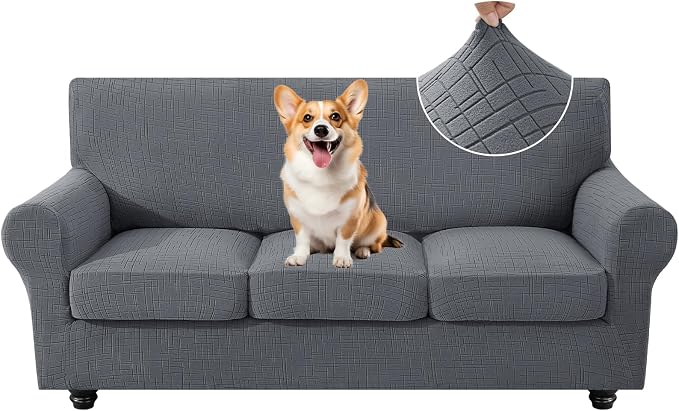 CYCMCAO 4 Piece Stretch Sofa Covers for 3 Cushion Couch, Non Slip Couch Covers for Sofa, Sofa Covers for Pets Washable, Couch Covers for Dogs,Kids (Light Gray), 71"-91" (3 Cushion Sofa) by CYCMACOHOME