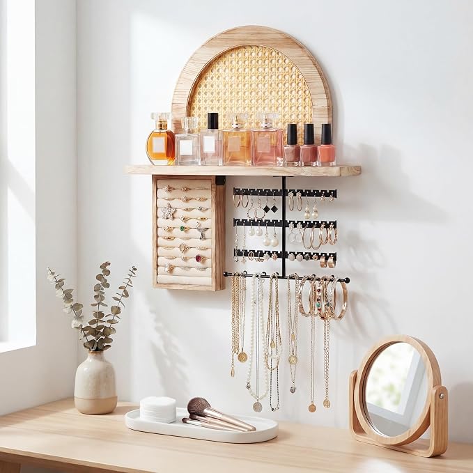 AceOrbit Hanging Jewelry Organizer Wall Mounted with Rustic Wood Rattan Shelf Wooden Ring Display Box Large Boho Jewelry Holder for Necklaces Bracelet Earrings Rings Storage - Image 6