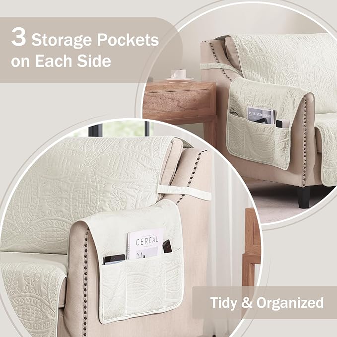 Quilted Grand Sofa Covers for 4 Cushion Couch, Couch Cover for Grand Sofa Washable, Soft Cozy Couch Protector, Oversized Grand Sofa Slipcovers Water-Repellent (Grand Sofa 98", Ivory White) - Image 4