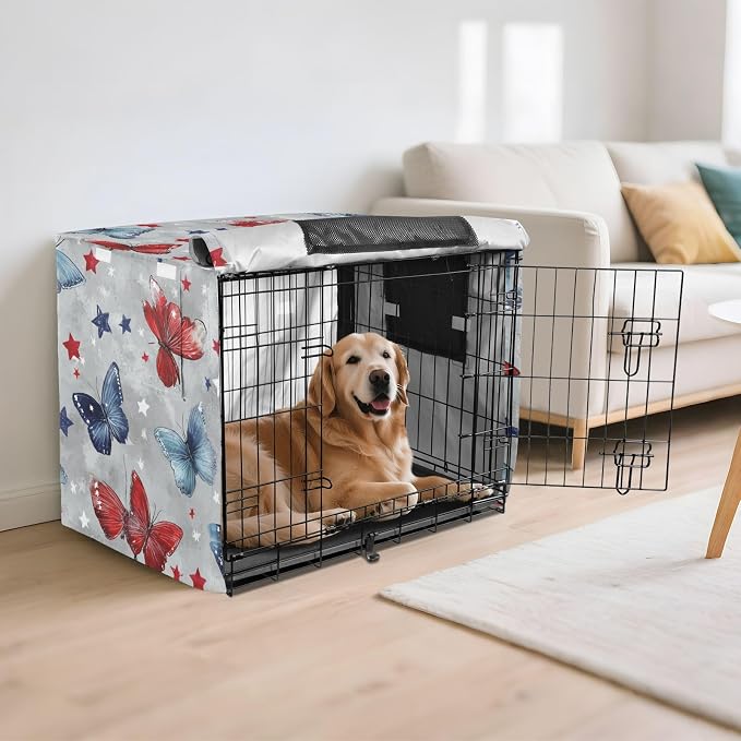 Dog Crate Cover Kennel Cover for Dog Cages Breathable for Wire Cage Indoor Outdoor Grey Patriotic Butterflies Stars - Image 6