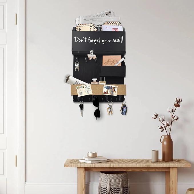 Mail Organizer Wall Mount，Key Holder Mail and Key Organizer for Wall with Shelf, Chalkboard, Corkboard, Home Decor for Room Office Entryway(Midnight Black) - Image 7