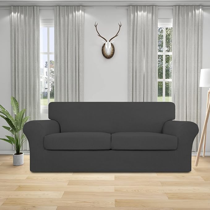 Easy-Going 3 Pieces Stretch Oversized Loveseat Couch Cover for 2 Cushion Couch Sofa Cover for Dogs Washable Sofa Slipcover Elastic Furniture Protector for Pets (Dark Gray, Oversized Loveseat) - Image 2