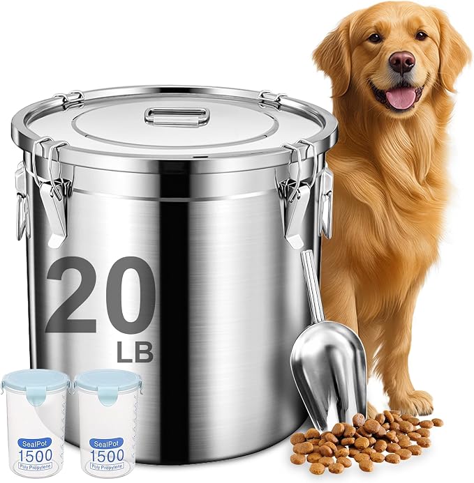 Newget Dog Food Storage Containers, Large Stainless Steel Pet Food Storage Containers 20 lb / 9 kg to Keep Fresh, Metal Airtight Cat Food Containers With Scoop and 2 Small Containers by Newget