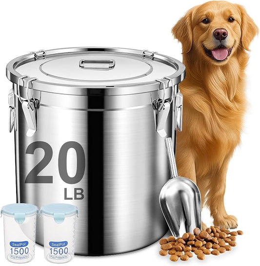 Newget Dog Food Storage Containers, Large Stainless Steel Pet Food Storage Containers 20 lb / 9 kg to Keep Fresh, Metal Airtight Cat Food Containers With Scoop and 2 Small Containers by Newget