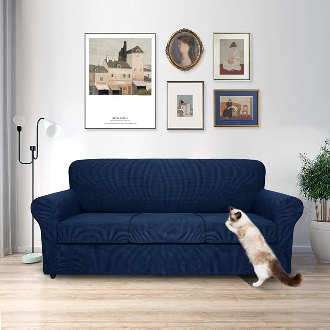 MAXIJIN 4 Piece Couch Covers for 3 Cushion Couch Super Stretch Sofa Cover for Dogs Pet Proof Fitted Furniture Protector Spandex Jacquard Non Slip Magic Couch Slipcover Washable (Large, Navy Blue) - Image 2