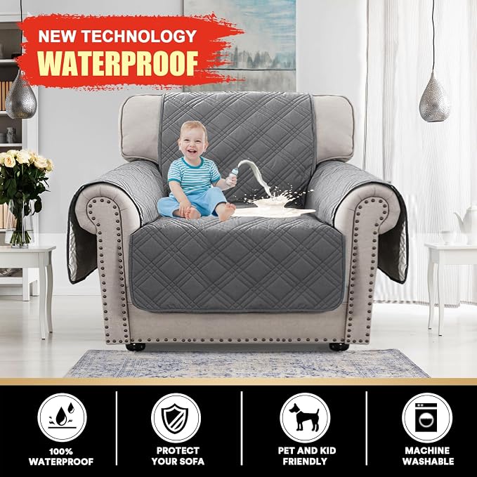 PrinceDeco 100% Waterproof Chair Sofa Slipcover for Living Room Water Resistant Couch Cover Furniture Protector Cover with Elastic Straps for Pets Kids Children Dog Cat(Chair 23", Grey) - Image 2
