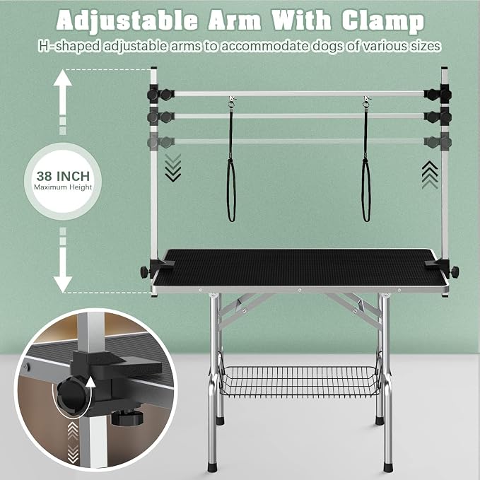 Lyromix 42'' Stainless Steel Pet Dog Grooming Table, Arm/Noose/Tray, Black | Foldable Dog Grooming Table for Dogs at Home, Adjustable Height Arm, Non-Slip Waterproof Tabletop, Capacity 330Lb - Image 4