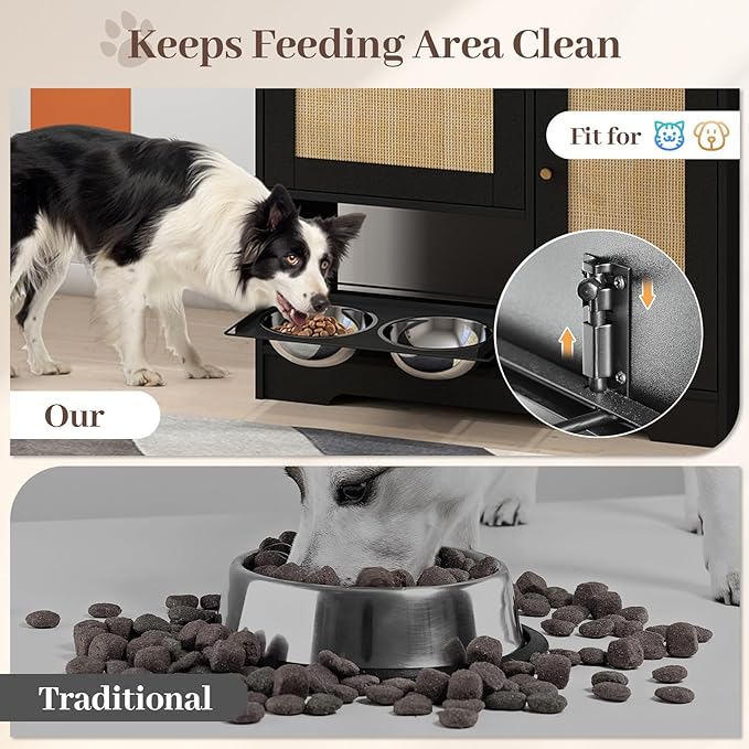 Rovibek Dog Feeding Station with with 2 Elevated Dog Bowls, Dog Food Storage Cabinet with with Storage and Hooks, Hidden Pet Feeder Station Wood for Cats and Dogs, Black - Image 5