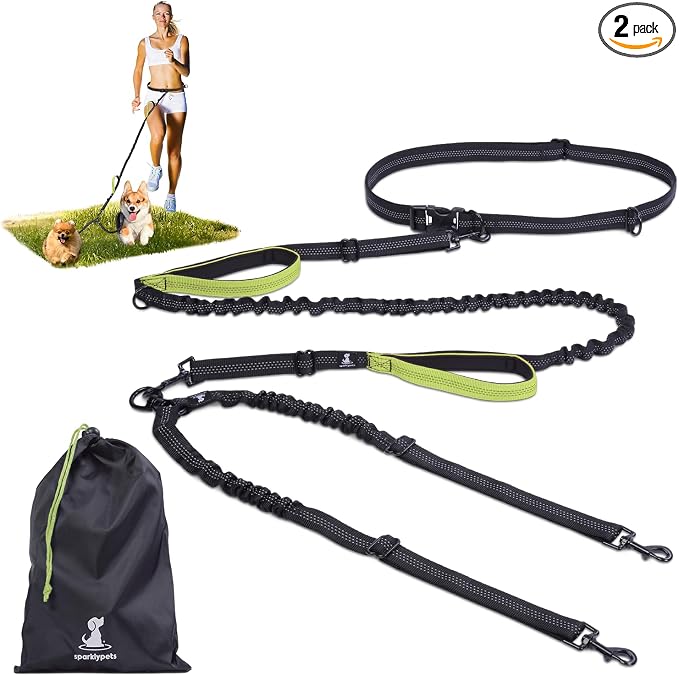 SparklyPets - Hands Free Double Dog Leash - Dual Dog Leash for 2 Small Dogs - with Padded Handles, Reflective Stitches - No Pull, Tangle Free, for Walking, Hiking, Canicross - for Small Dogs by SparklyPets