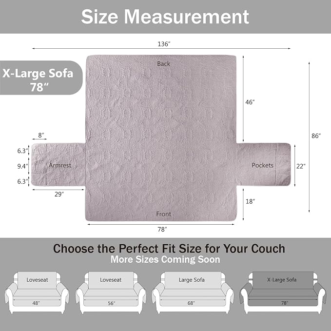 Soft Quilted Couch Cover with Pockets for Extra-Large Sofa, Anti-Slip Sofa Covers Washable for 3 Cushion Pet Friendly, Oversized Sofa Cover Water-Repellent (X-Large Sofa 78", Cloud Purple) - Image 7