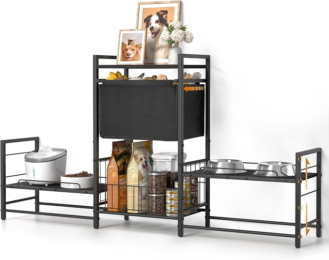 Elevated Dog Bowl Stand with 2 Feeding Stations, Adjustable Raised Feeding Station Cabinet with Toy Bin Basket, Lifted Food and Water Bowl Holder, Pet Storage Organizer for Large Medium Small Dogs by Lomivra