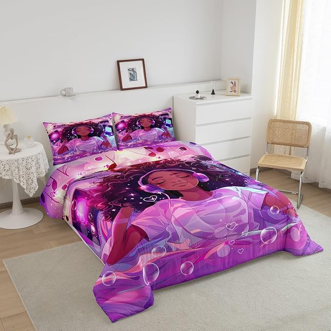 Manfei Musical Girl Bed Comforter Set - Queen Size, African Style American Cool Girl Starry Bubble Super Soft Microfiber Bedding Set for Girls, Hippie Music Headset Radio Purple Quilter Set - Image 2