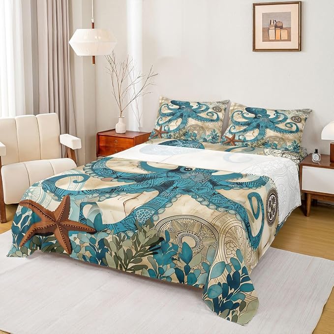 Octopus Bedding Ocean Bed Sheet Set Teal Mystic Kraken Mediterranean Style Design Teal Animal Bedding Sets Octopus Kids Sheet Set for Full Size Skull Fitted Sheet and Flat Sheet,Marine 2 Pillowcases - Image 7